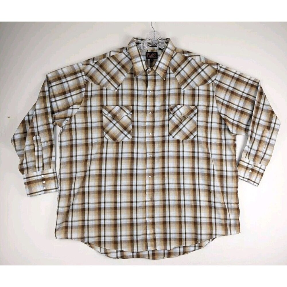 Plains Mens Western Shirt Men's 2X Brown‎ Plaid Long Sleeve Pearl Snap